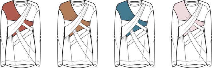 Collection of vector flat sketches illustrating modern long-sleeve knit shirts featuring distinctive draped and wrapped strap designs in various color options for contemporary apparel