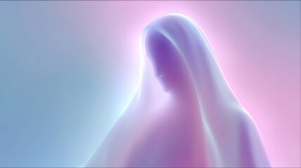 Ethereal glow of veiled silhouette, mystical serenity, evoking transcendence; ideal for metaphysical meditation retreats or All Souls' Day