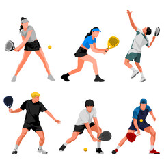 Illustration of men and women playing padel, showing dynamic movements, focus, and competitive energy.