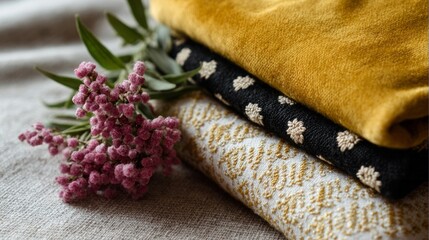 Folded golden and patterned textiles with pink heather, evoking autumnal crafts and the hygge warmth of Winter Solstice