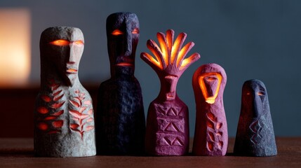 Ancient luminescent clay effigies, mystic guardian totems glow softly in dark serenity, echo Dia de los Muertos and ancestral rituals