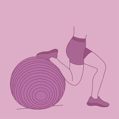 Fitness Exercise With A Purple Ball And Woman Legs Doing Squat And Stretches In A Pink Background