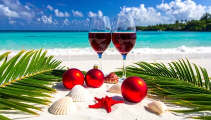 Festive Beach Celebration with Two Glasses of Red Wine on White Sand Featuring Christmas Ornaments Seashells and Palm