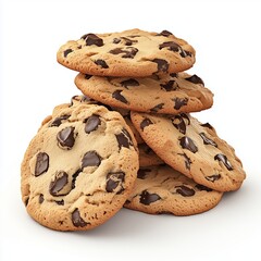 Cookies pile with chocolate chips crunchy sweet snack food, isolated white