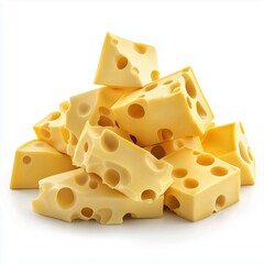 Cheese pile yellow cube with holes delicious dairy product, isolated white