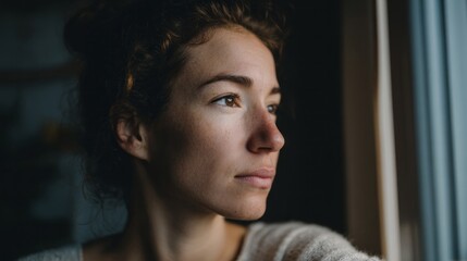 Fototapeta premium A young woman with contemplative eyes gazes softly, capturing the quiet essence of Diwali musings and Hygge warmth