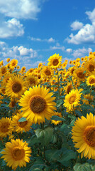 Fototapeta premium A vibrant field of sunflowers under a bright blue sky with fluffy white clouds, filled with many sunflowers