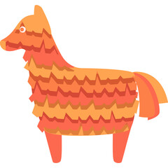 Flat illustration of a horse shaped pi?ata in shades of orange and yellow with a transparent background