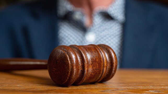 Close-up of a judge's gavel, symbolizing justice and Order of the Coif, echoing Law Day traditions with solemn wood grain