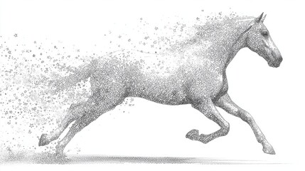 Fototapeta premium Dynamic particle horse illustration, minimalist white background, symbol of 2026 Year of the Horse
