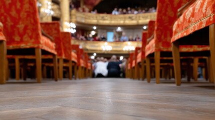 Grand theater aisle with opulent red chairs, awaiting secretive whispers of Baroque revelry and Midsummer Night's Festivities
