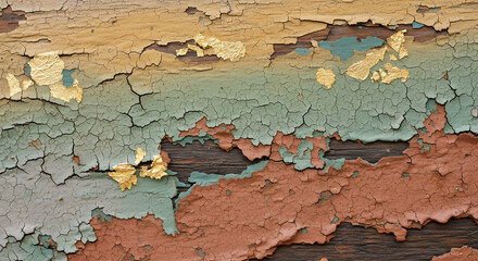Colorful peeling paint with gold leaf accents creates a stunning aged texture perfect for adding vintage charm and artistic flair to your designs