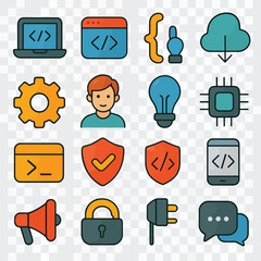 Colorful flat line icon set for software development and programming.