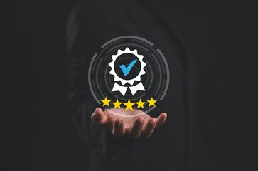 Woman shows the sign of the top service Quality assurance, Guarantee, Standards, ISO certification and standardization concept, satisfaction, service experience.