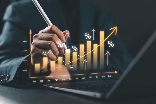 Business graph with percentage, special offer of shopping department store discount and tax concept, adjusting interest rates, raising interest rates to fight inflation, returns on investments.