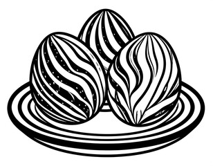 Black and white illustration featuring three decorated ovoid objects on a striped circular dish. Decorative curved lines adorn the surfaces