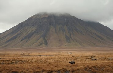 Scenic landscape photo of Iceland mountain. Sheep graze in field with tall grass. Cloudy sky hangs above the peaks. Rural area near the highlands