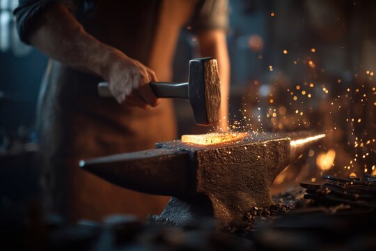 Blacksmith Hammering Glowing Hot Metal on Anvil — Forging Workshop