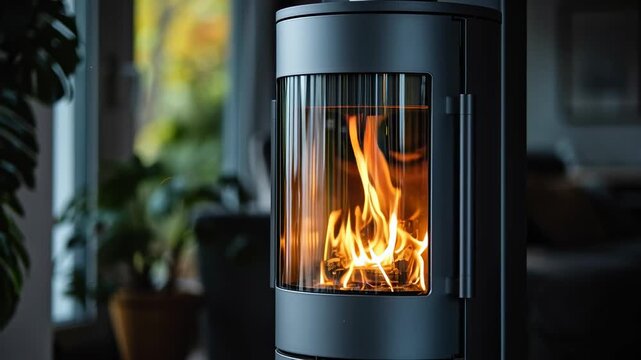 Modern Wood-Burning Stove with Bright Flames in Cozy Home Interior