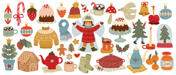 Christmas set of graphic elements, hand drawn style - cute objects, Santa Claus, Christmas tree, gift boxes, baubles and other elements. Vector illustration.