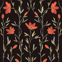 Contour floral design. Bright red flowers on dark background.