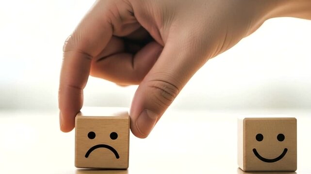 Hand holding a wooden block with a sad face, next to a happy face block