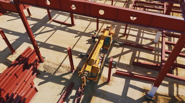 Mobile crane deploying outriggers onto wooden pads before lifting, top view