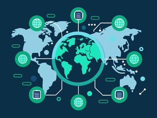 Global network of interconnected digital data nodes orbiting a stylized planet earth