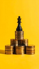 Black chess king atop stacked coins on yellow backdrop