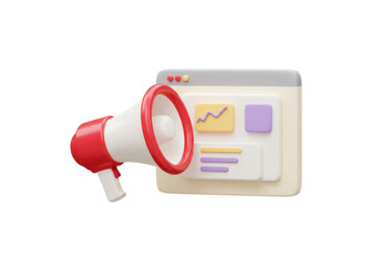 Red and white megaphone with website analytics isolated PNG, marketing campaign and business promotion concept on transparent background