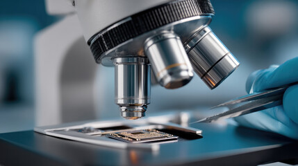 Microchip under microscope with gloved hand using tweezers, closeup of electronic component inspection in laboratory setting