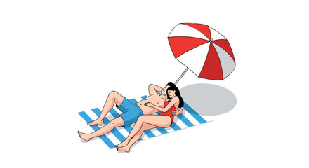 Fototapeta premium Couple Relaxing on Beach Towel Under Umbrella Cartoon Illustration