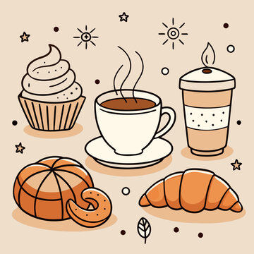 Cozy Caf&eacute; Line Art Vector Collection | Hot Drinks & Dessert Minimal Outline Illustrations