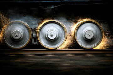 Close up of train wheels moving on railway tracks, creating sparks and motion