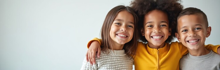 Three young children embrace warmly conveying friendship, joy. Diverse ethnicities create heartwarming scene of togetherness. Image radiates positivity, innocence perfect for family, education social