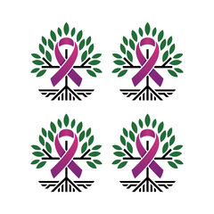 awareness ribbon wreath set, laurel leaves surrounding purple loop, charitable support icons, repeating emblem bundle, decorative health vector