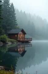 Fototapeta premium Wooden cabin sits on calm lake edge, surrounded by misty pine forest. Tree covered hills fade into fog. Building reflected in water. Peaceful nature scene.
