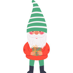 Green and White Striped Hat Gnome Holding Wrapped Gift Present Festive Christmas Character Illustration