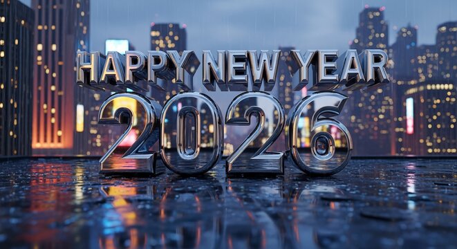 Silver 2026 Happy New Year Against City Skyline Background