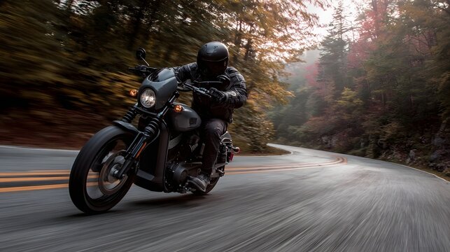 A lone motorcyclist skillfully navigates a scenic winding road through a vibrant autumn forest captured during a misty colorful morning