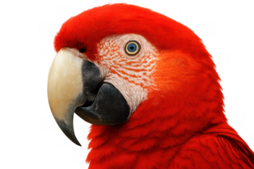 Scarlet macaw close-up portrait, vibrant red plumage and blue eye, tropical bird head shot with transparent background