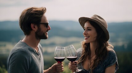 A smiling couple enjoys red wine toasting glasses with a scenic vineyard landscape in the background