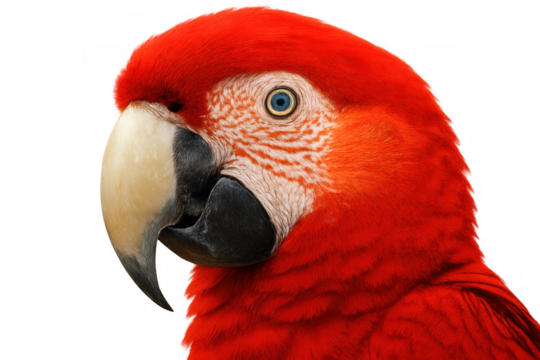 Scarlet macaw close-up portrait, vibrant red plumage and blue eye, tropical bird head shot with transparent background