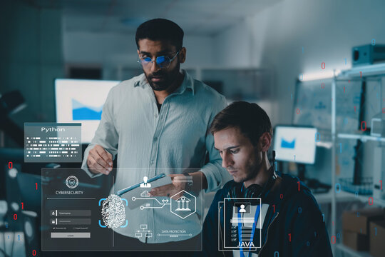 Two cybersecurity engineers analyzing data protection systems and coding in a high tech office, focusing  cybersecurity,biometric access control, system hacking, and cyber attack prevention strategy