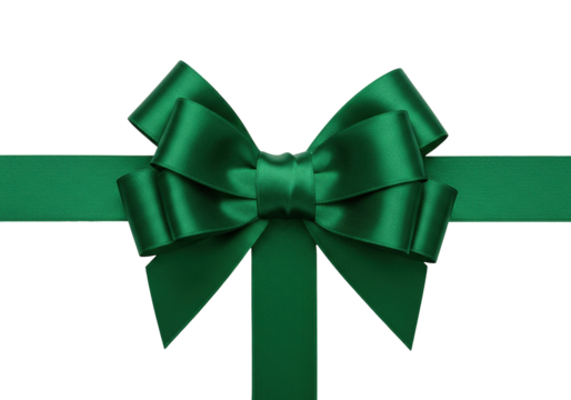 Emerald green satin ribbon bow isolated on transparent background, festive decoration for gift wrapping and holiday designs PNG