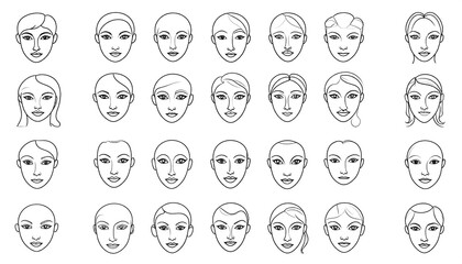 Black and white line drawings of diverse female and male faces, featuring various hairstyles and facial structures
