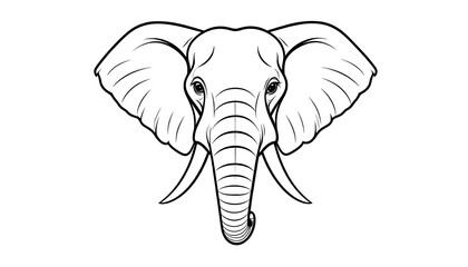 Black and white vector illustration featuring an elephant's head facing forward. Details include large ears, tusks, and expressive eyes. The image is simple, clean, and minimalist