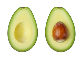 Two avocado halves isolated on a clean background, one with pit, fresh fruit halves for healthy eating and vegetarian diet