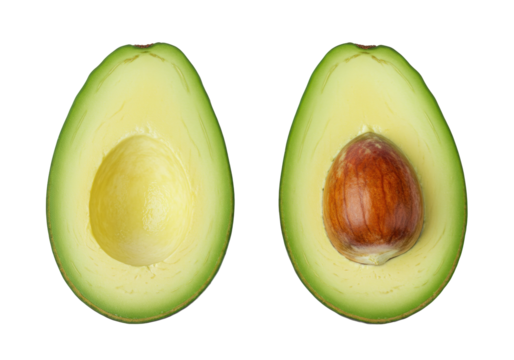 Two avocado halves isolated on a clean background, one with pit, fresh fruit halves for healthy eating and vegetarian diet