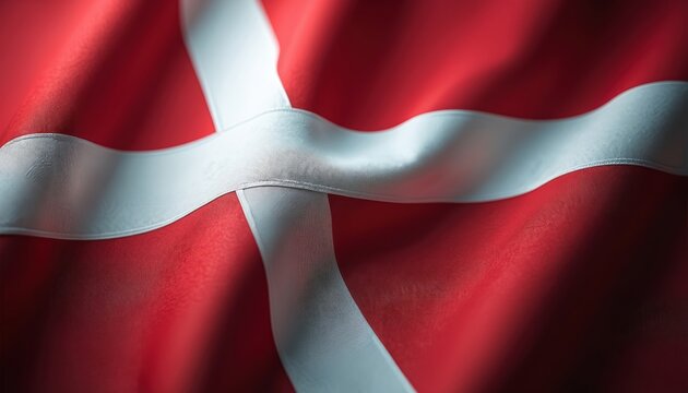 Close up photo of the Danish flag. The red and white colors of the national flag are vivid. Fabric texture visible with soft folds and details.
